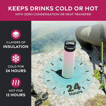 FineDine Water Bottle - Stainless Steel Insulated Water Bottle with Straw Lid, Flip Lid & Wide-Mouth Cap - Keeps Hot and Cold - 25 Oz / 739ml - Dreamy Purple