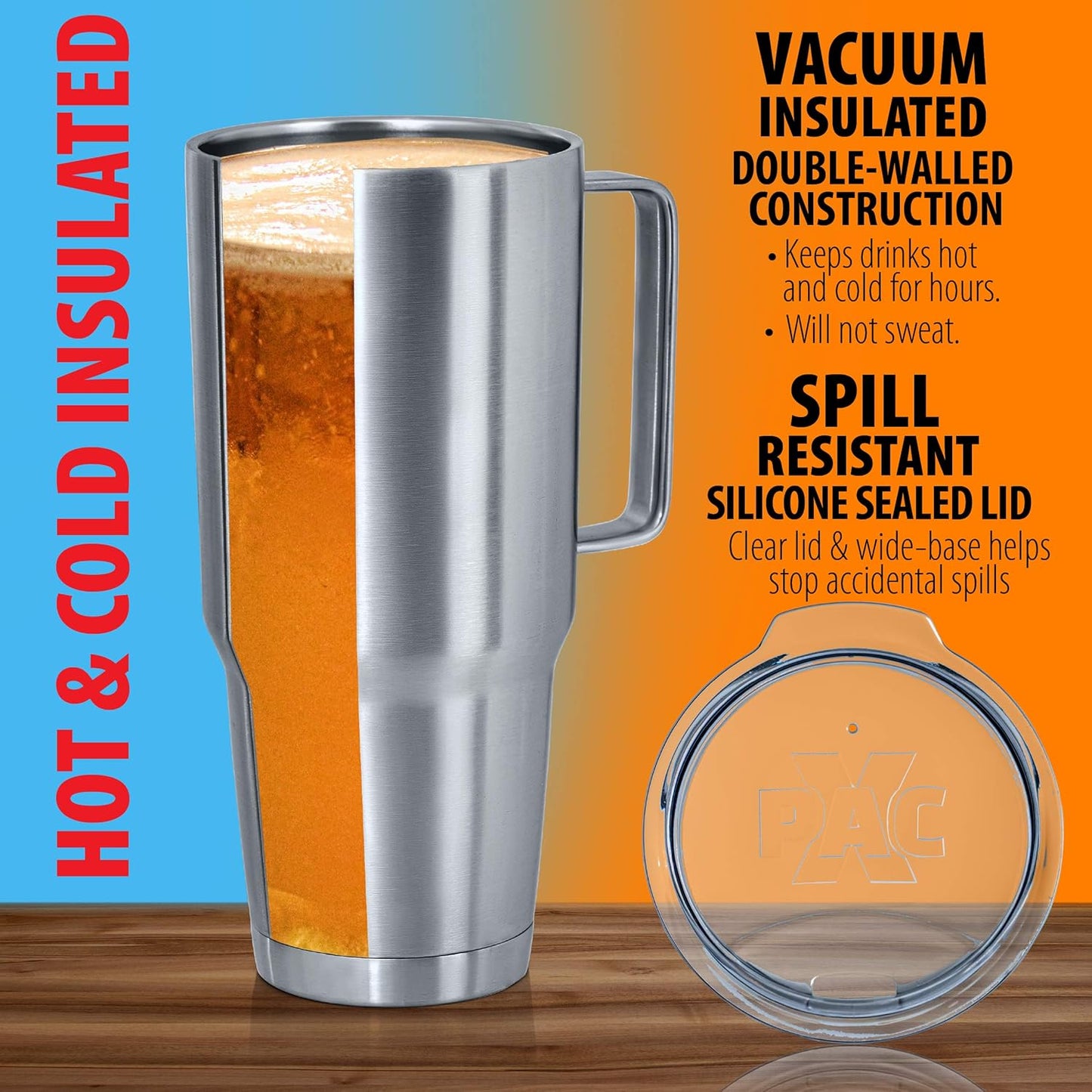 Maxam XPAC 64 Ounce Double Vacuum Wall Stainless Steel Vacuum Insulated Tumbler with Lid and Handle, Fits in a 4 Inch Wide Car Beverage Holder