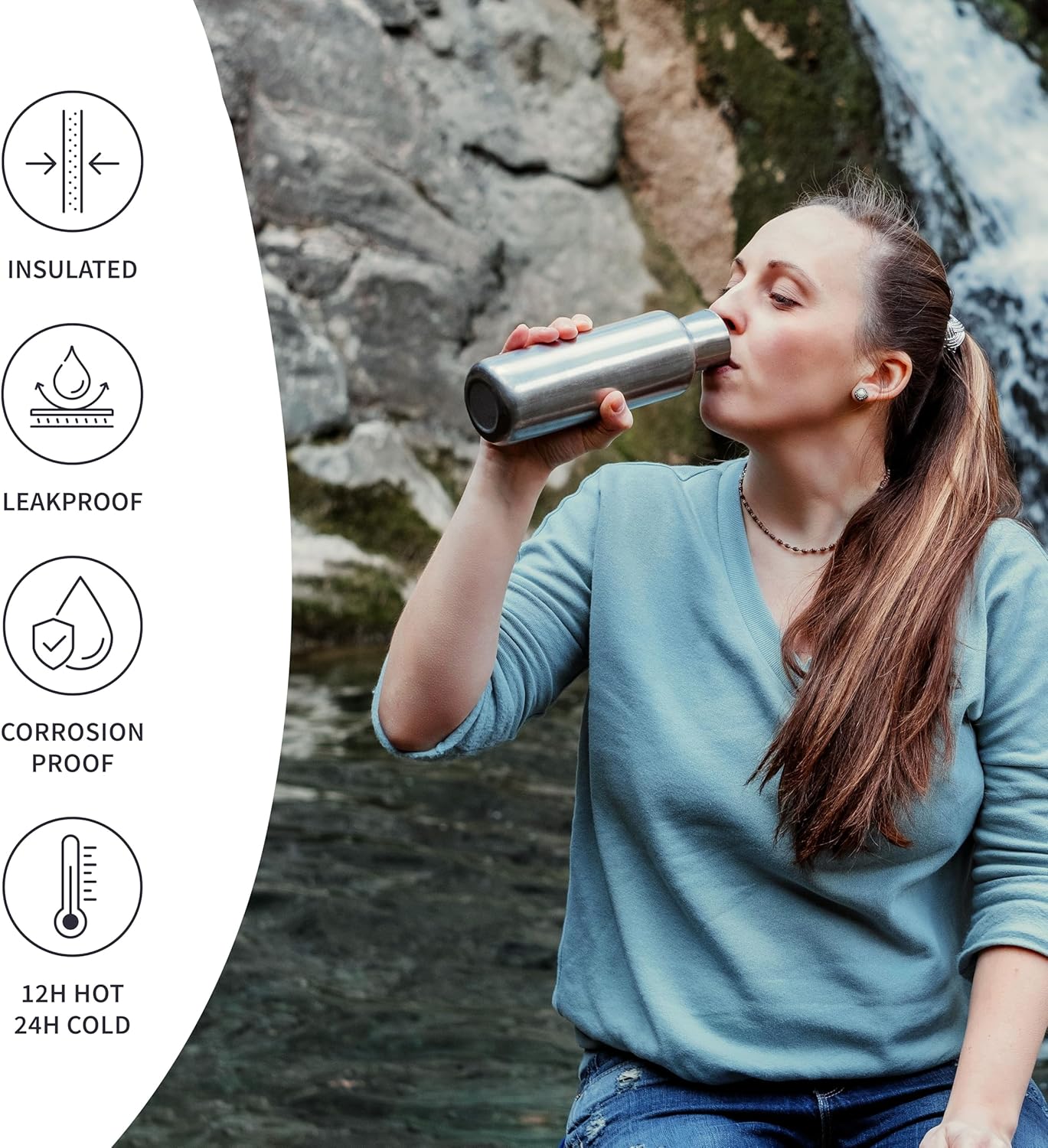 Bambaw 24 oz Stainless Steel Water Bottle, Insulated Metal Water Bottle Wide Mouth, Great for Hiking & Travel, With Handle Easy to Carry, Rust-Resistant & Durable (Aegean Blue)