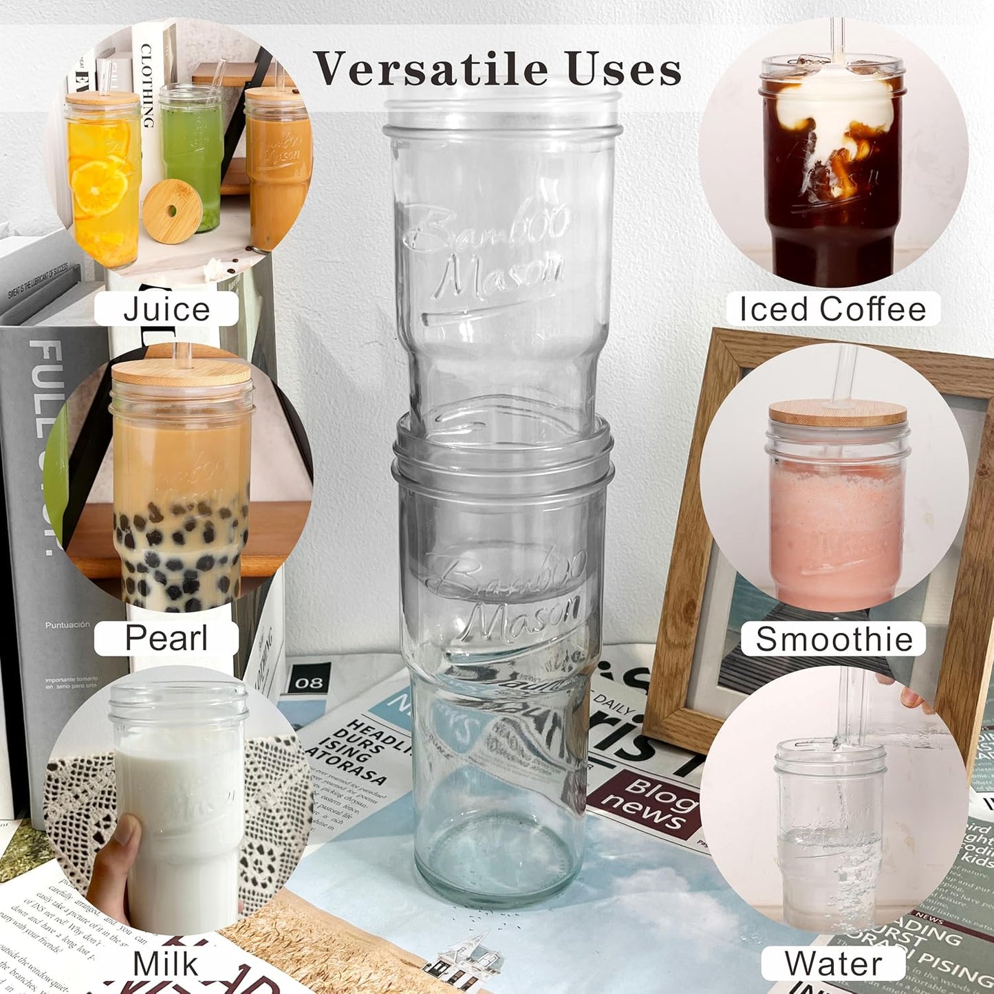 ANOTION Bamboo Mason Leakproof Mason Jar Cups with Lids and Straws, Cap Cup 24oz Glass Tumbler with Handle, Rotating Lid Silicone Straw, Reusable Iced Coffee Matcha Cup Coffee Gifts for Women 2pc