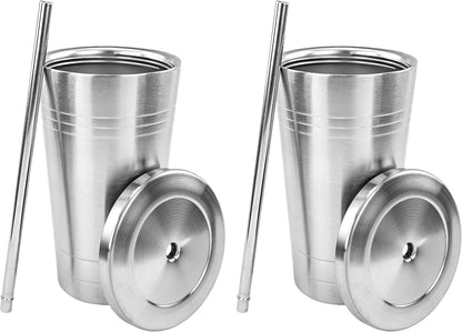 Stainless Steel Double-Walled Insulated Tumbler with Straw and Spill-Resistant Screw Top Lid, 20oz – Durable Travel Cup