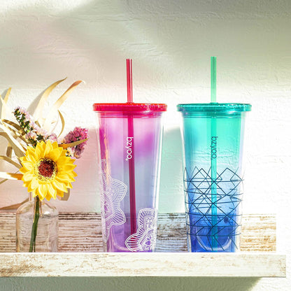 bzyoo SIP 24oz (710ml) Double Wall Plastic Tumbler with Lid and Straw Cold Drink Travel Mug Reusable Party Cup Perfect for Office Ice Coffee or Tea and Gift Color: Pink & Purple
