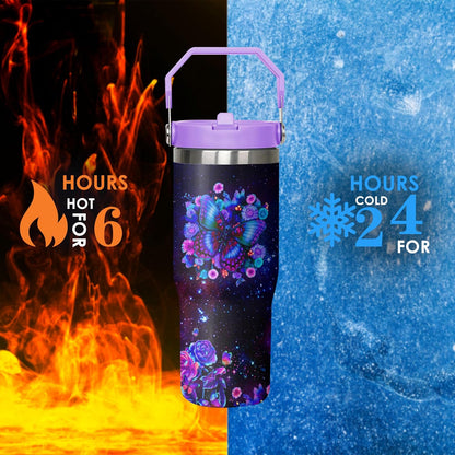 30 oz Peacock Blue Flip Straw Tumbler with Top Handle for Peacock Blue Lover Resuable Vacuum Insulated Flip Top Water bottle for Home Office Car