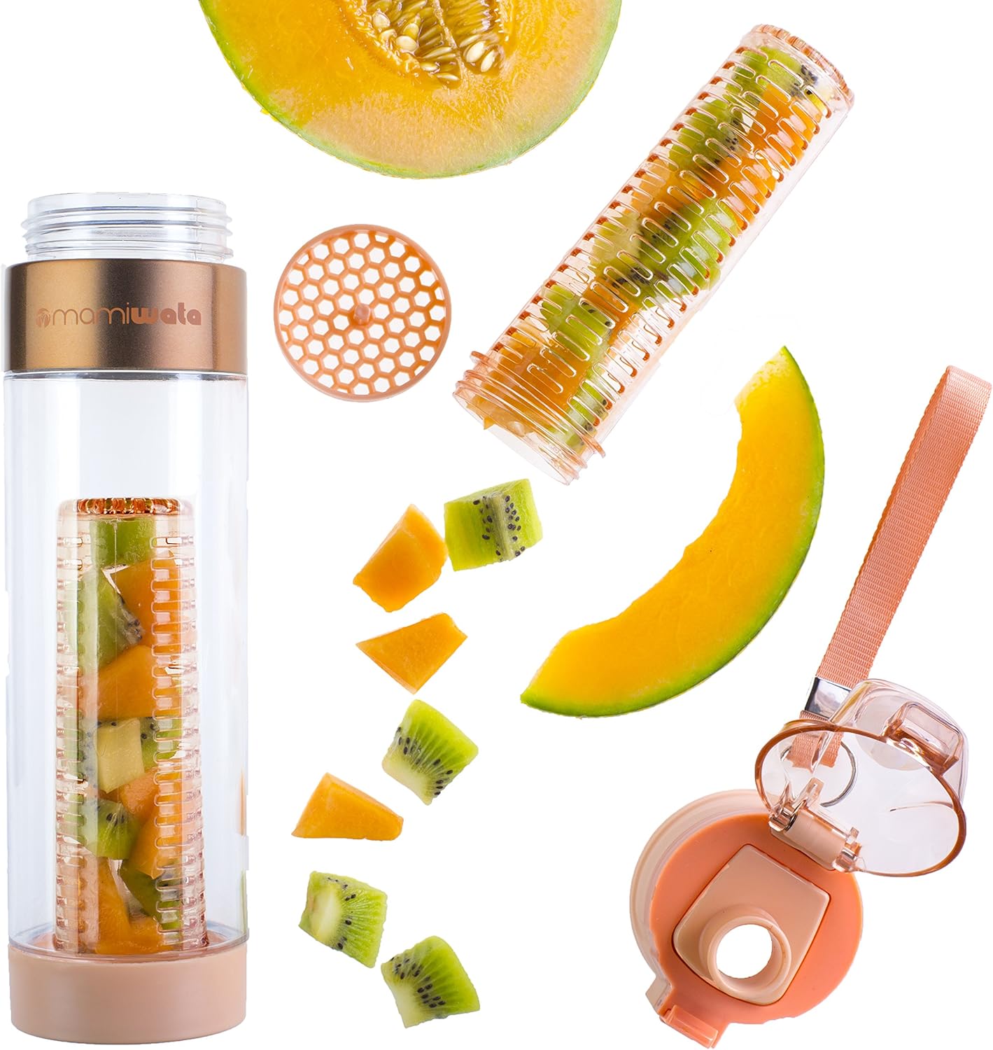 MAMI WATA Fruit Infuser Water Bottle – 24 oz – Tritan Plastic - Unique Stylish Design – Fruit Infused Water recipes eBook & Insulating sleeve – Beautiful Gift Box