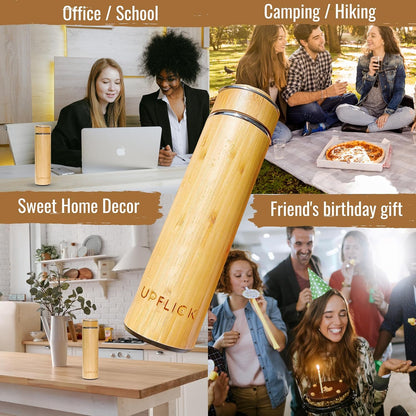 Bamboo Water Bottle Insulated Tea Tumbler for Men Birthday Gift, Women Travel Tea Set with Diffuser for Loose Tea Leaves, Stainless Steel Leak Proof Gift for Mom (15 oz)
