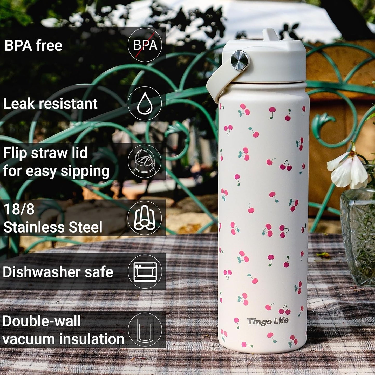 25oz Insulated Stainless Steel Aesthetic Cute Water Bottle - 2 Lids Included (Straw + Sport Handle), Leakproof BPA-Free, Dreamy Cream Cute Floral Design, Perfect Gym/Yoga/Office Companion
