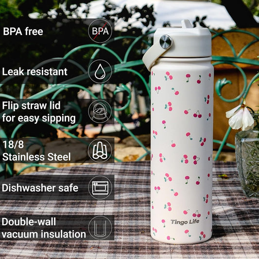 25oz Insulated Stainless Steel Aesthetic Cute Water Bottle - 2 Lids Included (Straw + Sport Handle), Leakproof BPA-Free, Dreamy Cream Cute Floral Design, Perfect Gym/Yoga/Office Companion