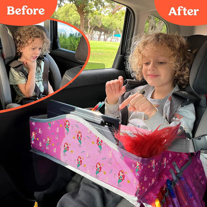 PILLANI Kids Travel Tray for Car - Car Seat Tray with Activity Sheets & Pens, Road Trip Essentials for Car & Airplane, Must Have Toddler Travel Lap Desk Accessories - Road Trip Activities for Kids
