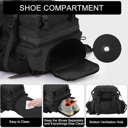 LHI Military Tactical Backpack for Men and Women 45L Army 3 Days Assault Pack Bag Large Rucksack with Molle System - Black - Colors A