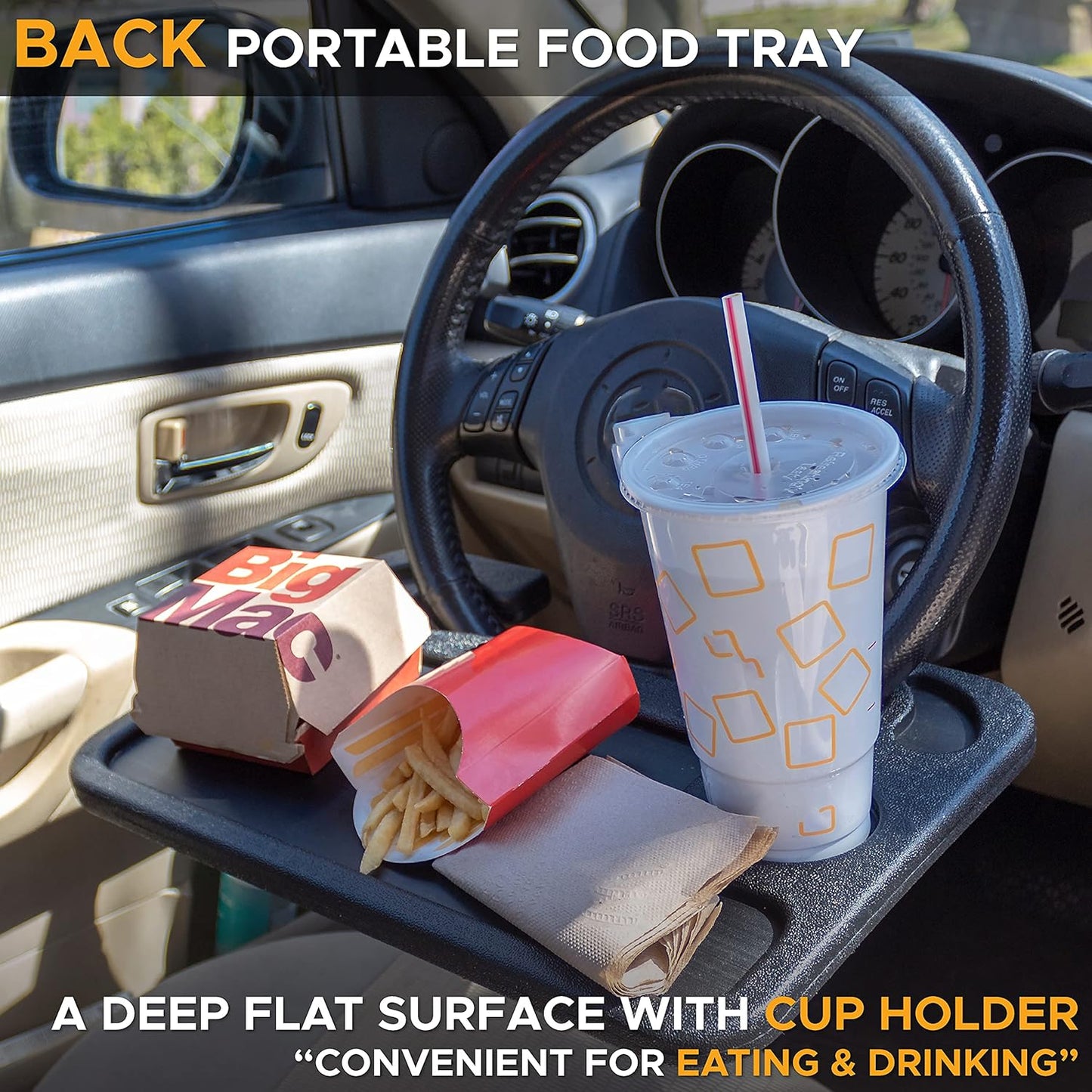 EcoNour 2 in 1 Car Steering Wheel Desk | Tray for Laptop Car Mount with Pen Holder | Desk Console for Car | Food Tray for Eating with Drinks Holder | Multipurpose Travel Car Accessories