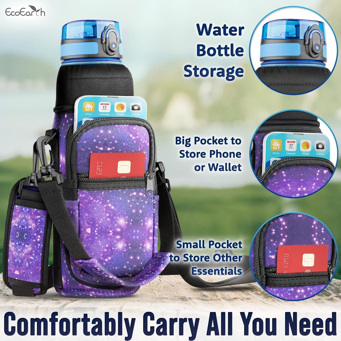 EcoEarth - Water Bottle Holder with Strap - Water Bottle Carrier Bag for Hiking - Crossbody Hydration Pouch with Phone Holder