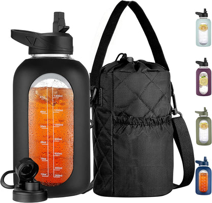 CIVAGO 32 oz Glass Water Bottle with Straw and Insulated Bottle Holder Sling, Motivational Water jug with Time Marker and Silicone Sleeve, Large Sport Water Flask with 2 Lids, Black