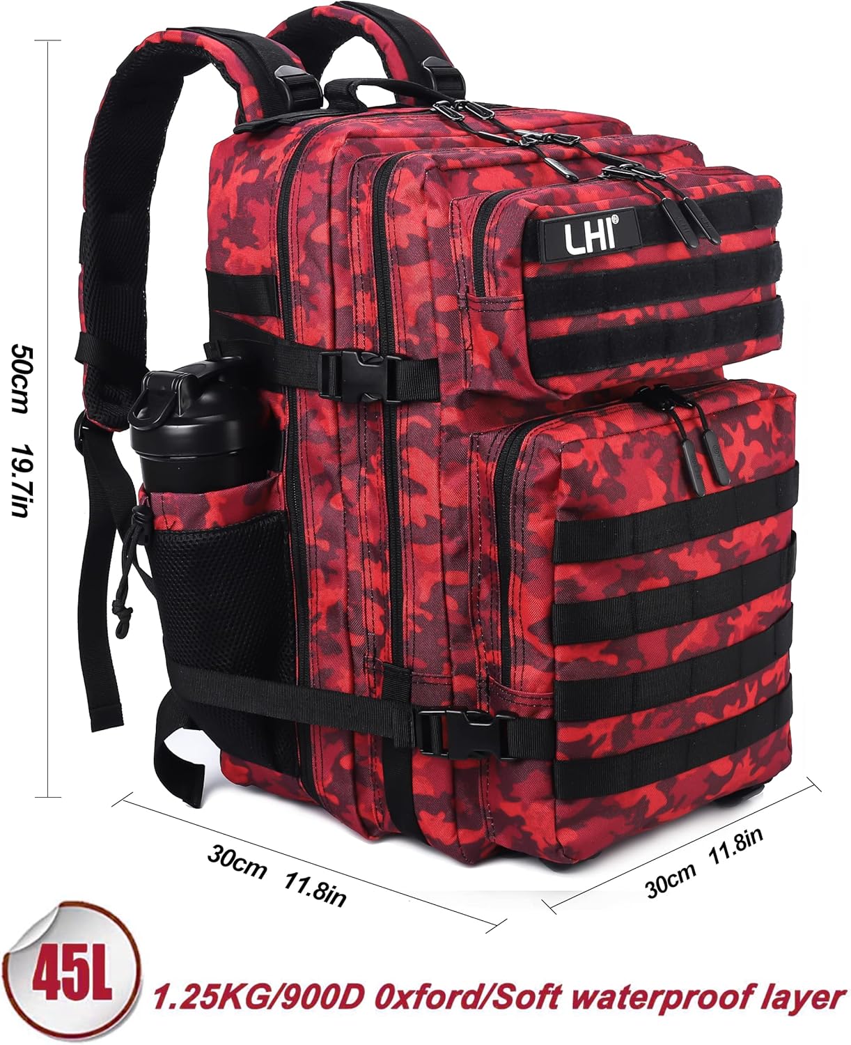 LHI Military Tactical Backpack for Men and Women 45L Army 3 Days Assault Pack Bag Large Rucksack with Molle System - Black - Colors B