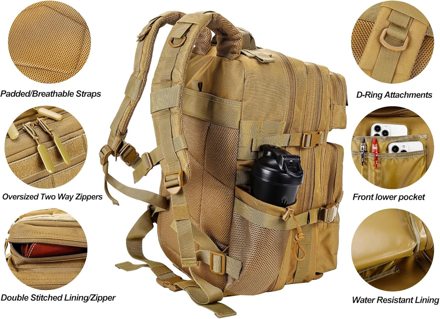 LHI Military Tactical Backpack for Men and Women 45L Army 3 Days Assault Pack Bag Large Rucksack with Molle System - Black - Colors A