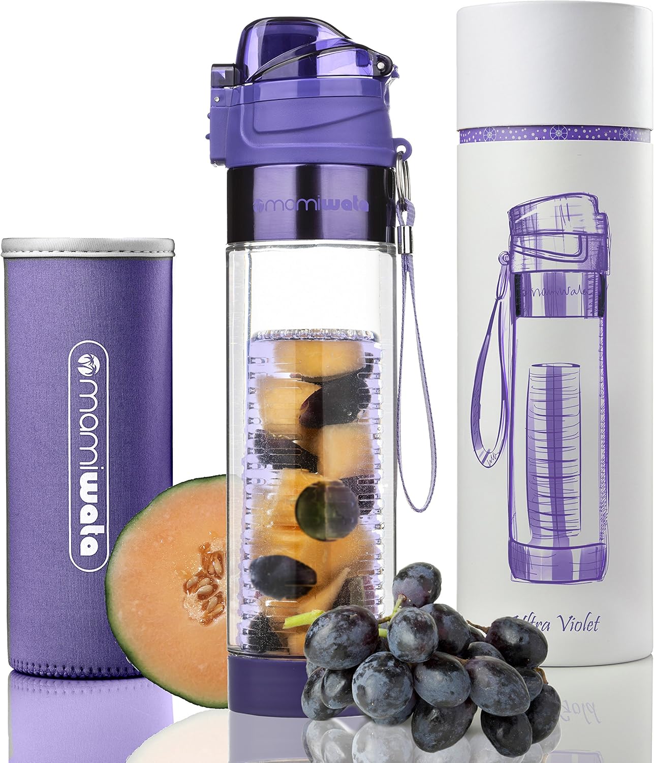 MAMI WATA Fruit Infuser Water Bottle – 24 oz – Tritan Plastic - Unique Stylish Design – Fruit Infused Water recipes eBook & Insulating sleeve – Beautiful Gift Box