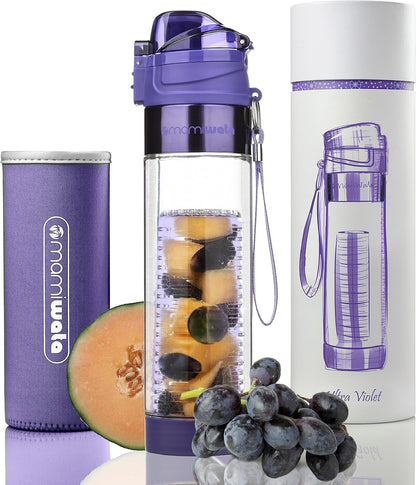 MAMI WATA Fruit Infuser Water Bottle – 24 oz – Tritan Plastic - Unique Stylish Design – Fruit Infused Water recipes eBook & Insulating sleeve – Beautiful Gift Box
