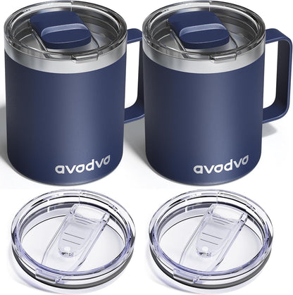 12oz Insulated Coffee Mug with Lid – Includes Two Lids, Stainless Steel Coffee Travel Mug with Handle, Double Wall Vacuum Insulated Camping Mug for Home, Office & Outdoor, Navy Blue