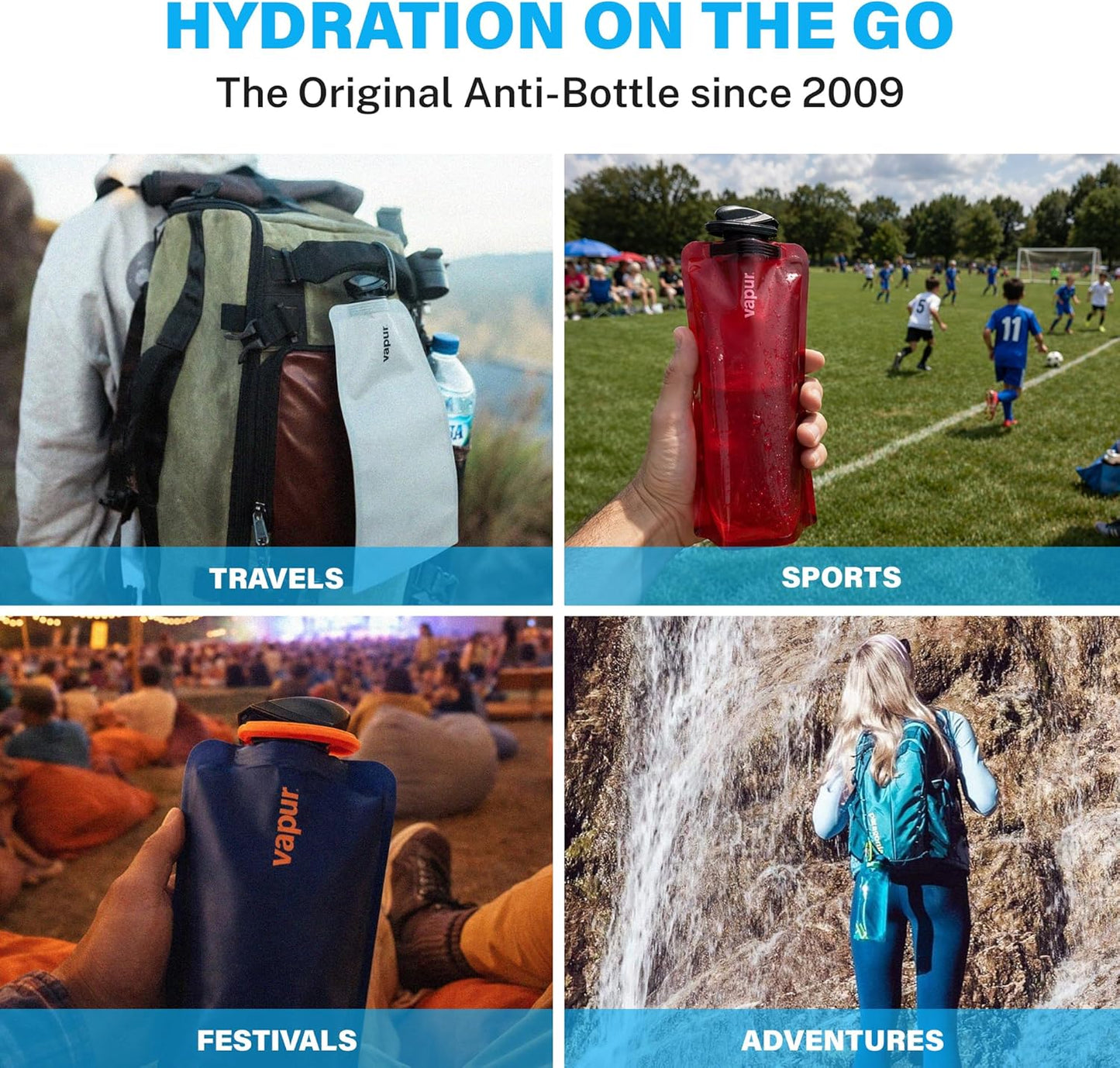 Vapur Collapsible Water Bottle with Carabiner - 34oz (1L), Night Blue - Flexible and Lightweight Water Bottle for Travel, Concert, Hiking, and Outdoor Adventures - BPA-Free, Dishwasher-Safe, Freezable