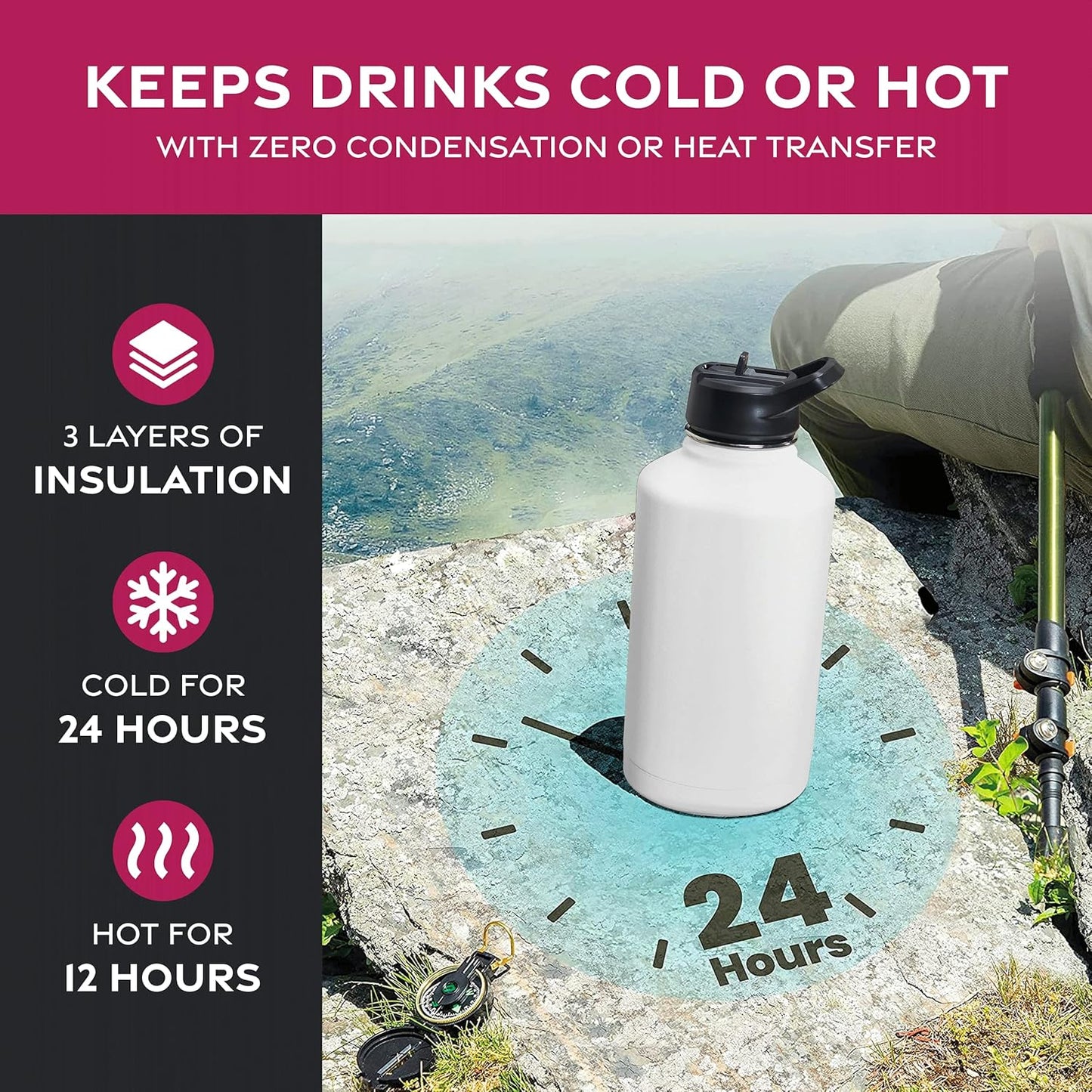 FineDine Water Bottle - Stainless Steel Insulated Water Bottle with Straw Lid, Flip Lid & Wide-Mouth Cap - Keeps Hot and Cold - 25 Oz / 739ml - Dreamy Purple