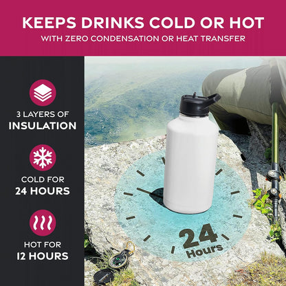 FineDine Water Bottle - Stainless Steel Insulated Water Bottle with Straw Lid, Flip Lid & Wide-Mouth Cap - Keeps Hot and Cold - 25 Oz / 739ml - Dreamy Purple