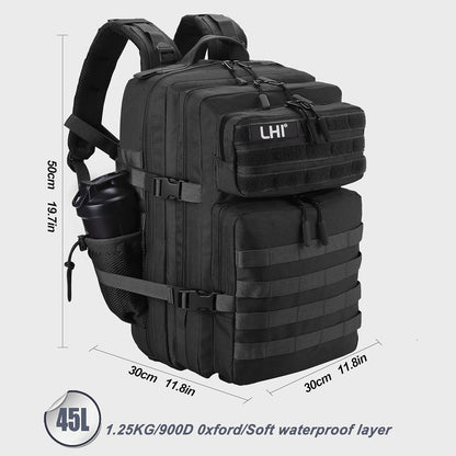 LHI Military Tactical Backpack for Men and Women 45L Army 3 Days Assault Pack Bag Large Rucksack with Molle System - Black - Colors A