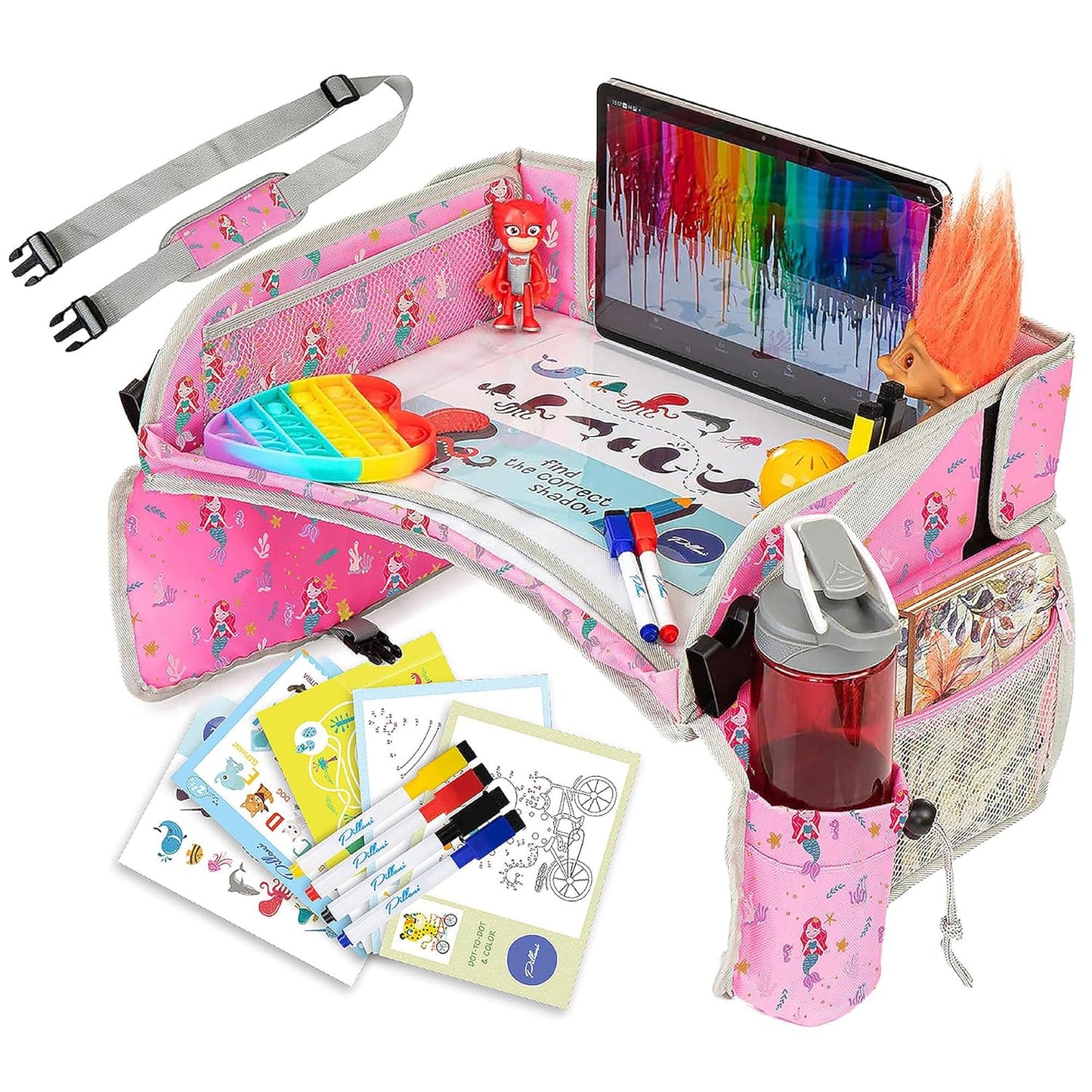 PILLANI Kids Travel Tray for Car - Car Seat Tray with Activity Sheets & Pens, Road Trip Essentials for Car & Airplane, Must Have Toddler Travel Lap Desk Accessories - Road Trip Activities for Kids