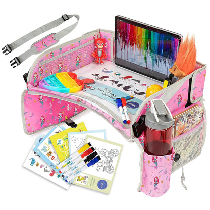 PILLANI Kids Travel Tray for Car - Car Seat Tray with Activity Sheets & Pens, Road Trip Essentials for Car & Airplane, Must Have Toddler Travel Lap Desk Accessories - Road Trip Activities for Kids