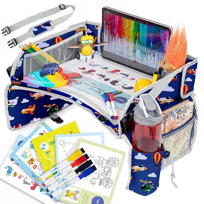 PILLANI Kids Travel Tray for Car - Car Seat Tray with Activity Sheets & Pens, Road Trip Essentials for Car & Airplane, Must Have Toddler Travel Lap Desk Accessories - Road Trip Activities for Kids