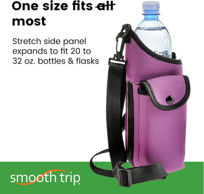 Smooth Trip AquaPockets Neoprene Water Bottle Holder with Strap - Neoprene Sling Bag with Water Bottle Holder, Phone Pouch and Adjustable Strap for Walking and Hiking - Fits up to 32 oz. Bottles