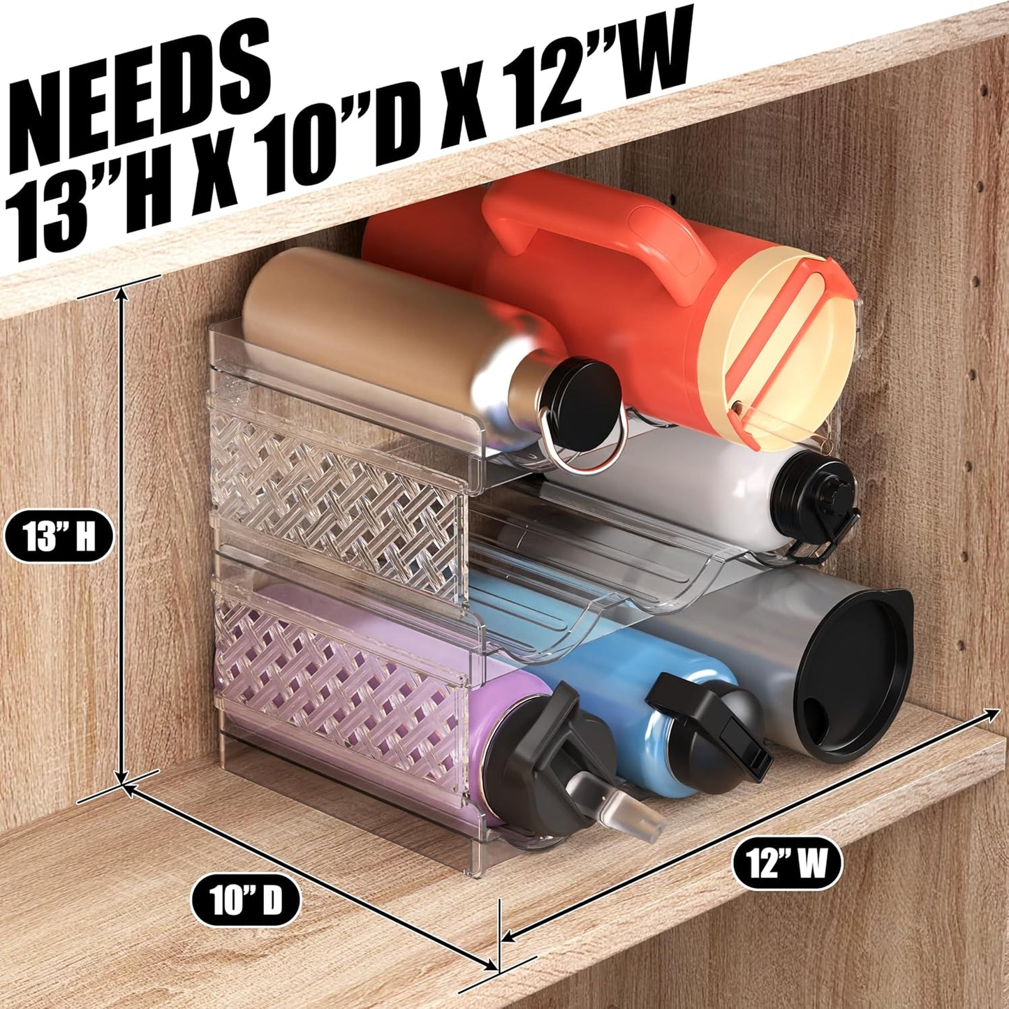 Simple Houseware 3-Tier Stackable Water Bottle Storage Organizer, Clear - Space Saving Bottle Holder for Kitchen, Pantry, and Refrigerator - Fits Stanley 40 oz Tumbler