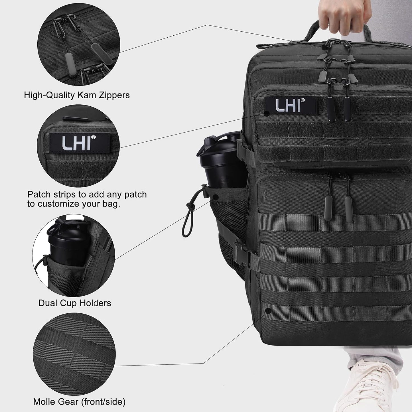 LHI Military Tactical Backpack for Men and Women 45L Army 3 Days Assault Pack Bag Large Rucksack with Molle System - Black - Colors A