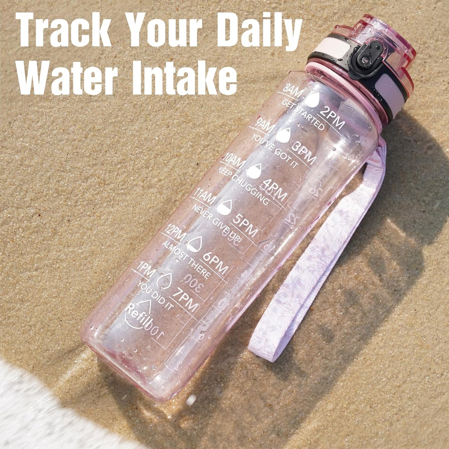 OLDLEY Water Bottle, 32oz Motivational Sports Water Bottle with Time Marker - Times to Drink - Tritan, BPA Free, Wide Mouth Leakproof, Clear (1 Bottle)