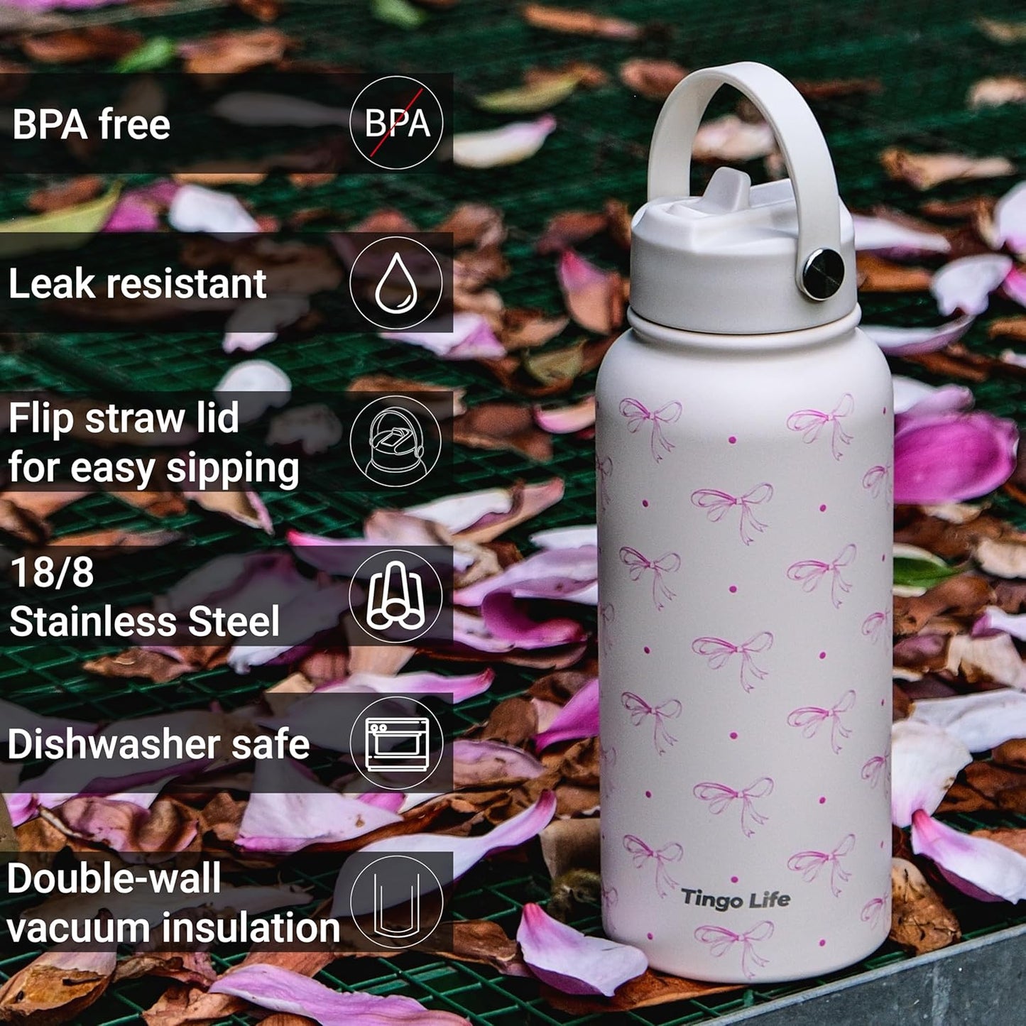 25oz Insulated Stainless Steel Aesthetic Cute Water Bottle - 2 Lids Included (Straw + Sport Handle), Leakproof BPA-Free, Dreamy Cream Cute Floral Design, Perfect Gym/Yoga/Office Companion