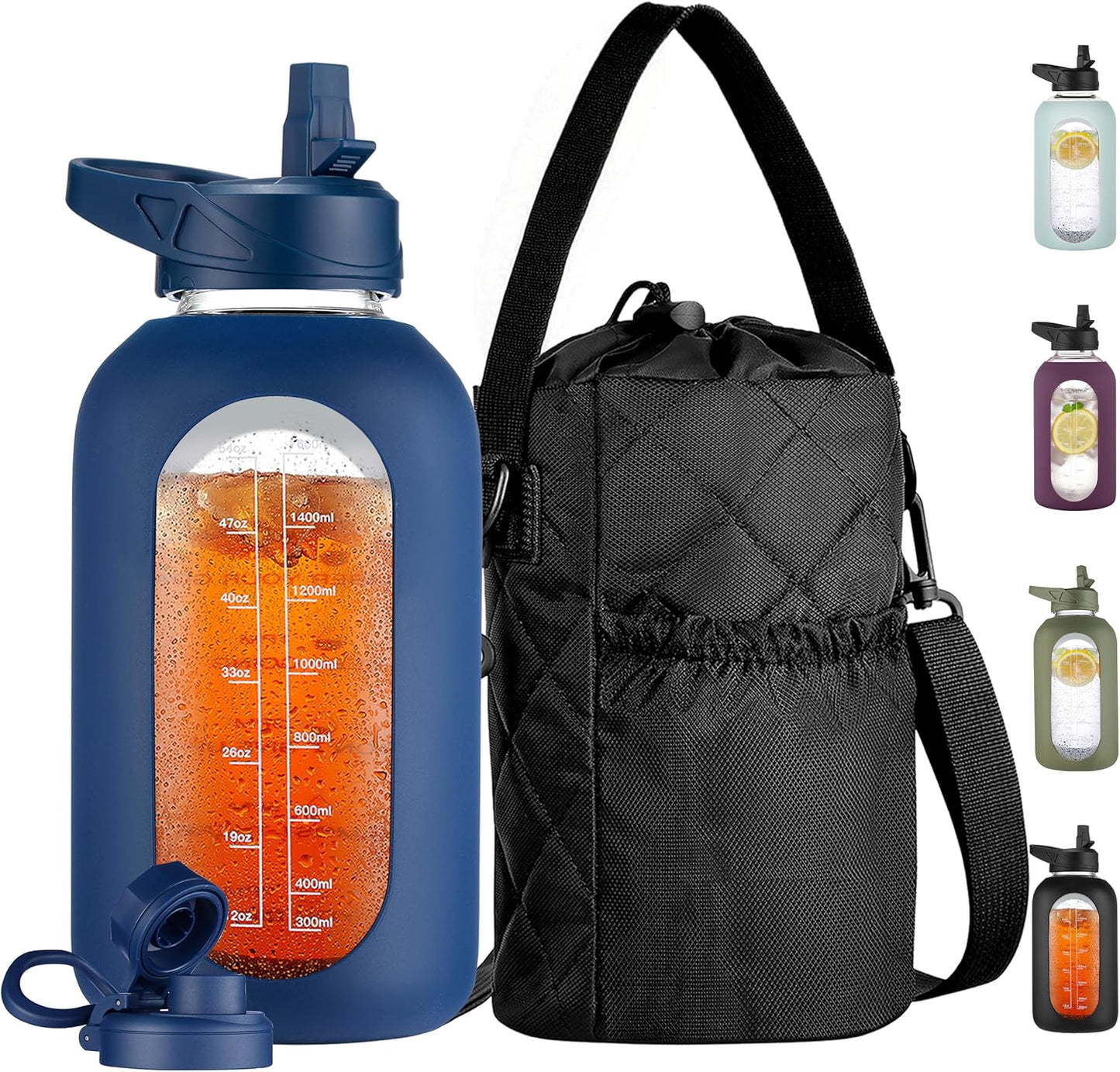 CIVAGO 32 oz Glass Water Bottle with Straw and Insulated Bottle Holder Sling, Motivational Water jug with Time Marker and Silicone Sleeve, Large Sport Water Flask with 2 Lids, Black