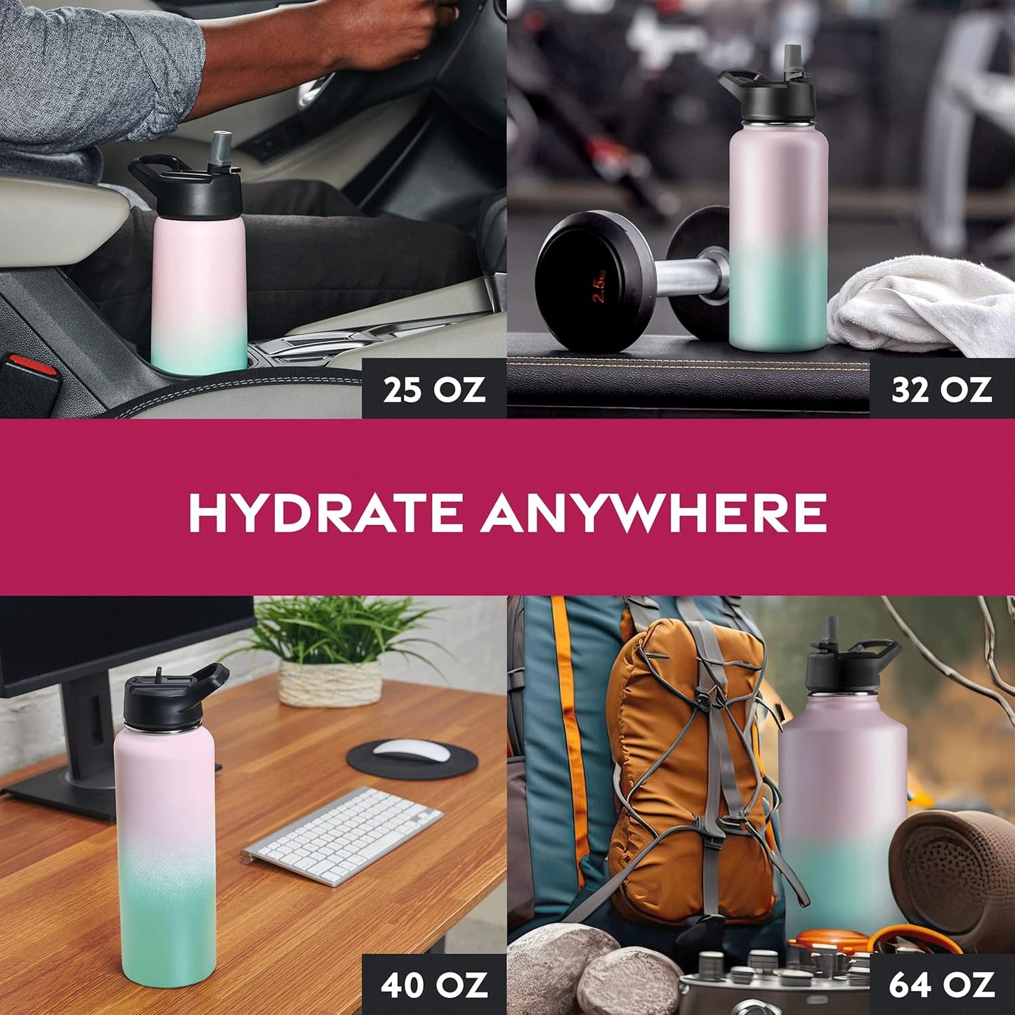 FineDine Water Bottle - Stainless Steel Insulated Water Bottle with Straw Lid, Flip Lid & Wide-Mouth Cap - Keeps Hot and Cold - 25 Oz / 739ml - Dreamy Purple