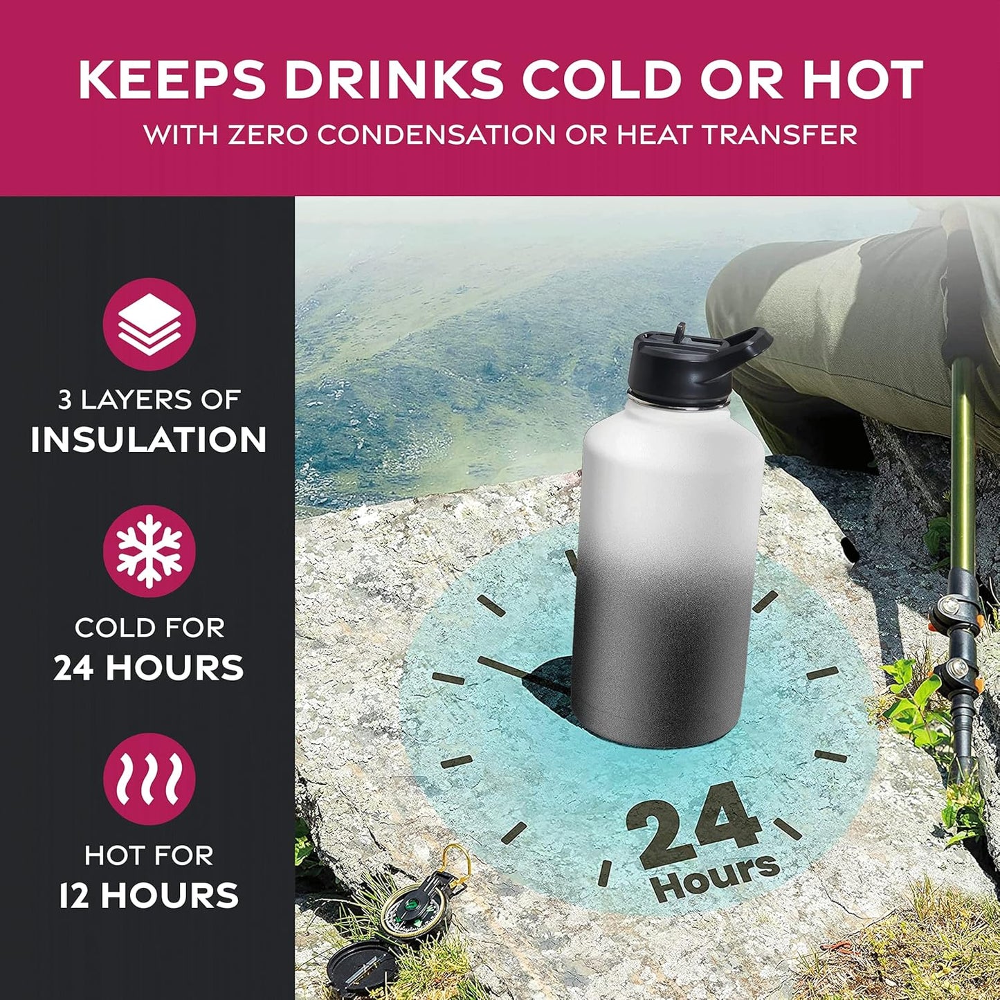 FineDine Water Bottle - Stainless Steel Insulated Water Bottle with Straw Lid, Flip Lid & Wide-Mouth Cap - Keeps Hot and Cold - 25 Oz / 739ml - Dreamy Purple