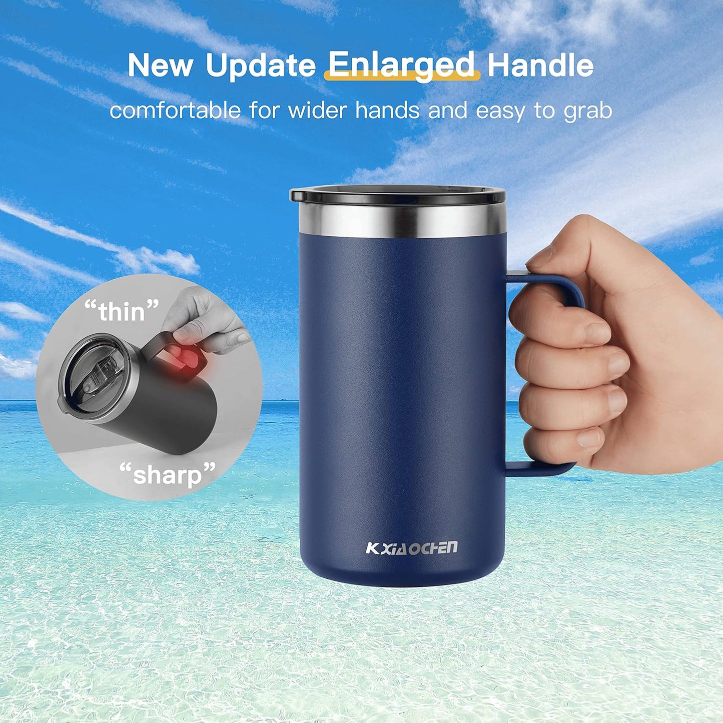 KXIAOCHEN 20oz Insulated Coffee Mug with Lid, Stainless Steel Coffee Cup, Double Wall Vacuum Coffee Tumbler with Handle, Premium Thermal Travel Coffee Mug (Navy Blue)