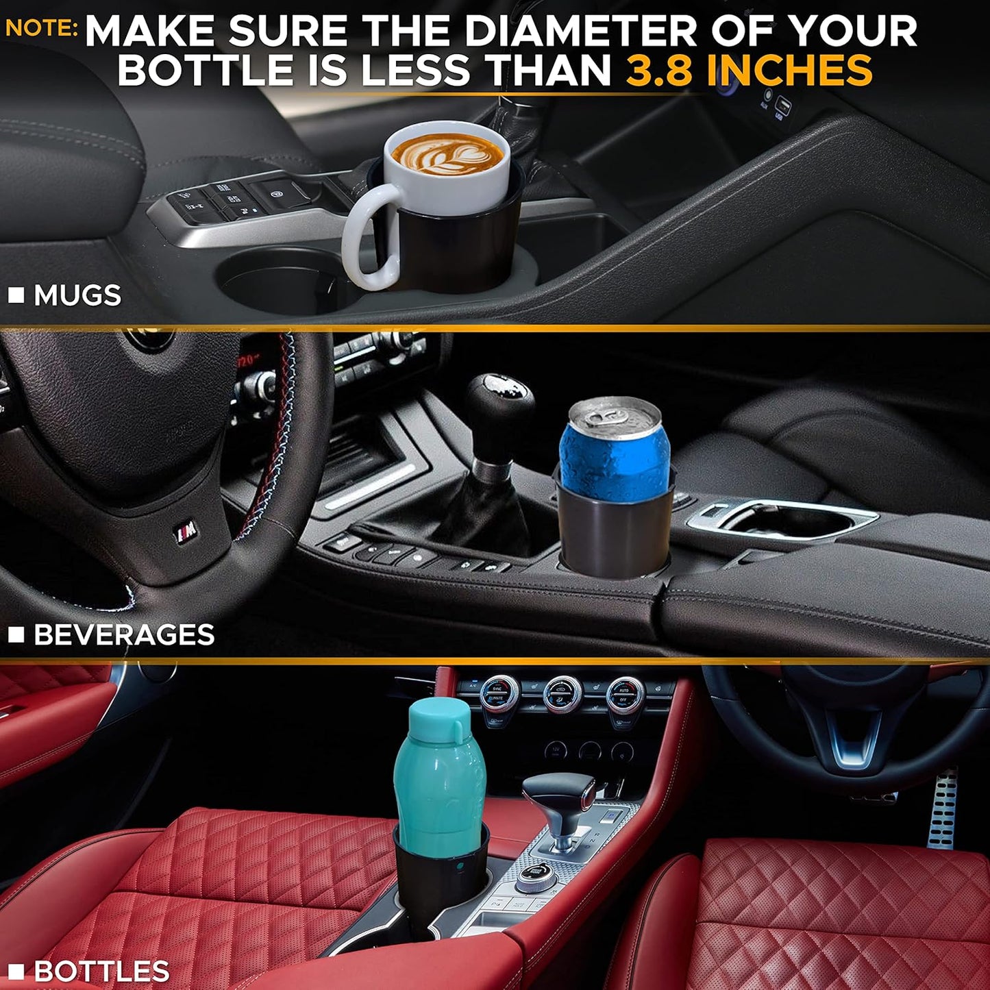 EcoNour Car Cup Holder Expander | Fits 32/40 oz Hydro Flasks, Yeti, Nalgene & Large Bottles up to 3.8" | Universal Cup Adapter for Cars with 3.2" Holders – Black