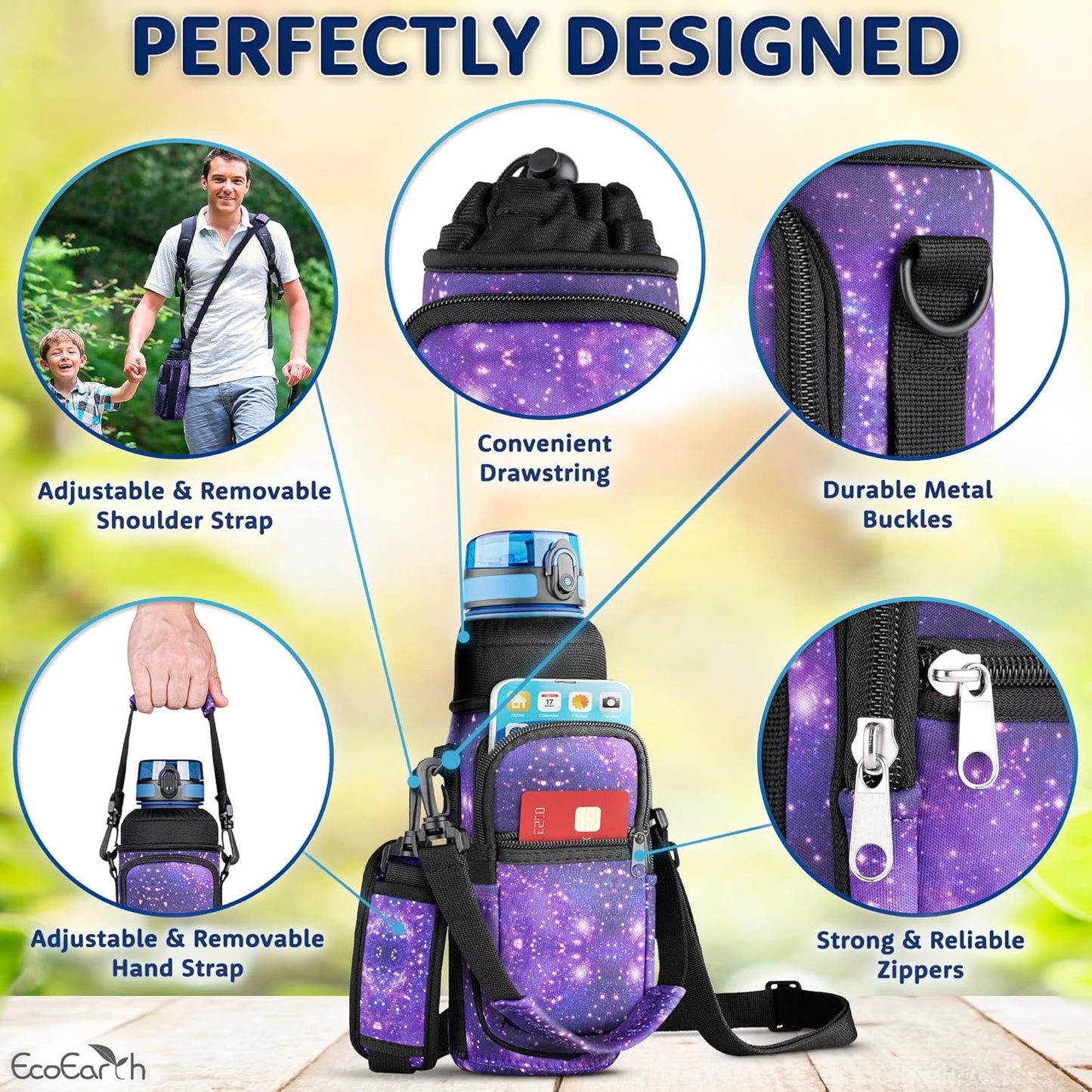 EcoEarth - Water Bottle Holder with Strap - Water Bottle Carrier Bag for Hiking - Crossbody Hydration Pouch with Phone Holder