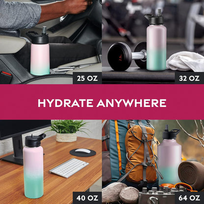 FineDine Water Bottle - Stainless Steel Insulated Water Bottle with Straw Lid, Flip Lid & Wide-Mouth Cap - Keeps Hot and Cold - 25 Oz / 739ml - Dreamy Purple