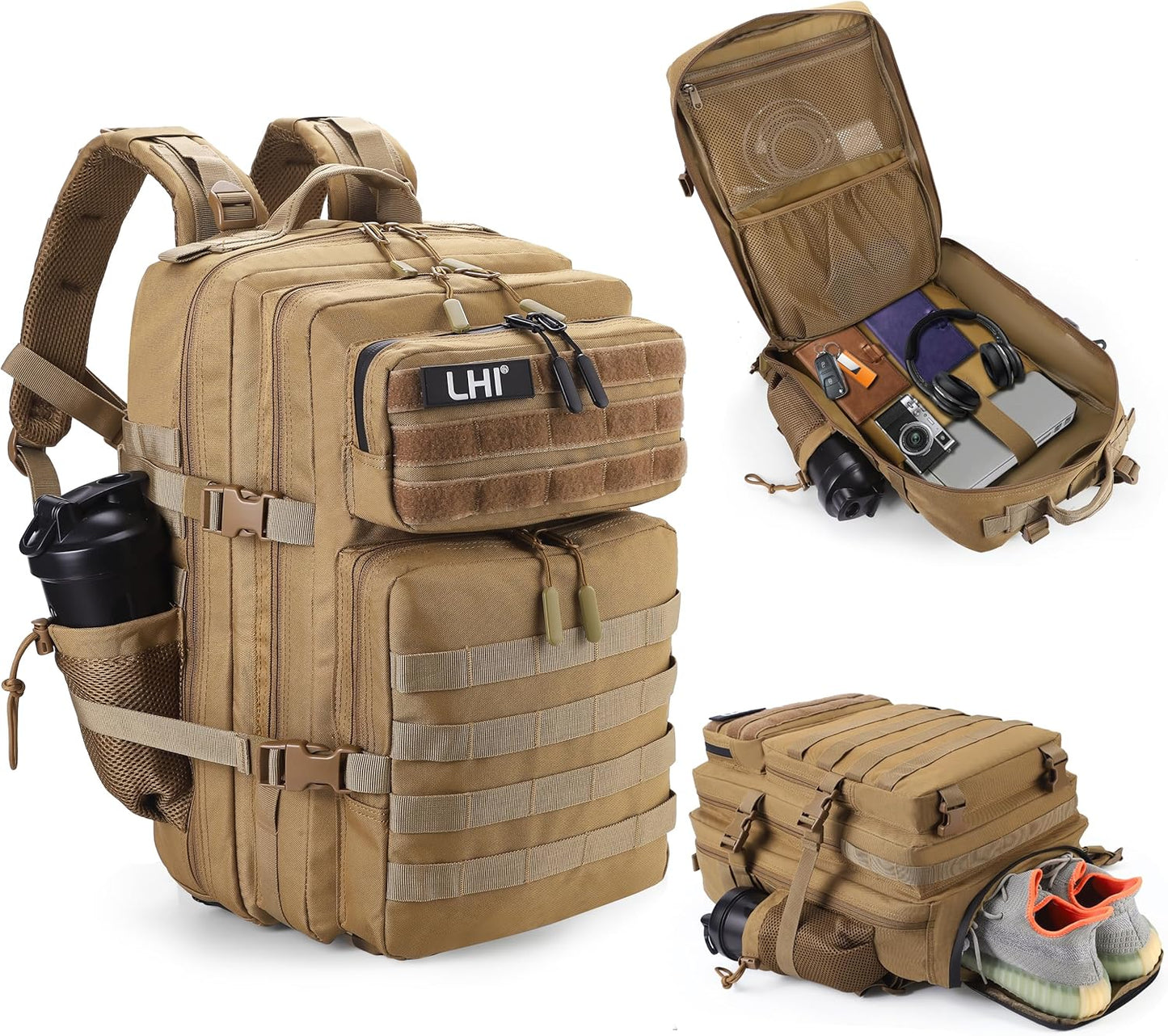 LHI Military Tactical Backpack for Men and Women 45L Army 3 Days Assault Pack Bag Large Rucksack with Molle System - Black - Colors B