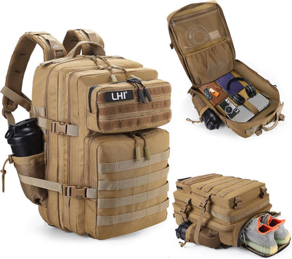 LHI Military Tactical Backpack for Men and Women 45L Army 3 Days Assault Pack Bag Large Rucksack with Molle System - Black - Colors B
