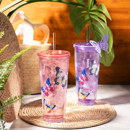 bzyoo SIP 24oz (710ml) Double Wall Plastic Tumbler with Lid and Straw Cold Drink Travel Mug Reusable Party Cup Perfect for Office Ice Coffee or Tea and Gift Color: Pink & Purple