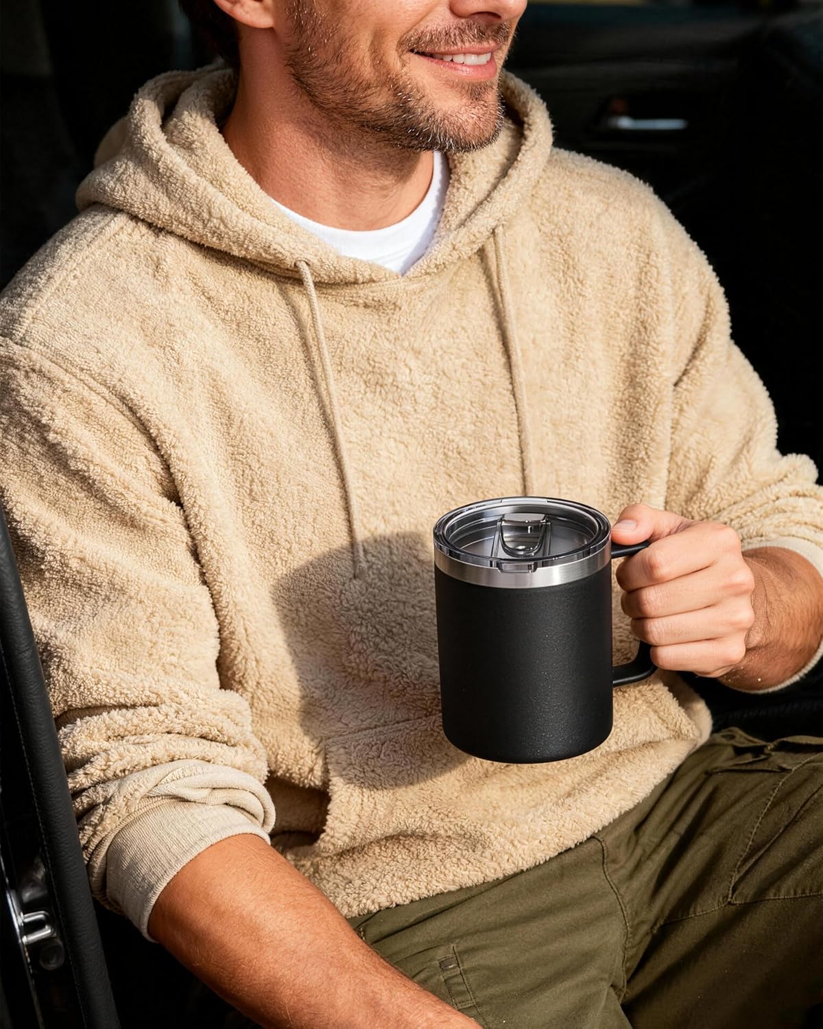 12oz Insulated Coffee Mug with Lid – Includes Two Lids, Stainless Steel Coffee Travel Mug with Handle, Double Wall Vacuum Insulated Camping Mug for Home, Office & Outdoor, Navy Blue