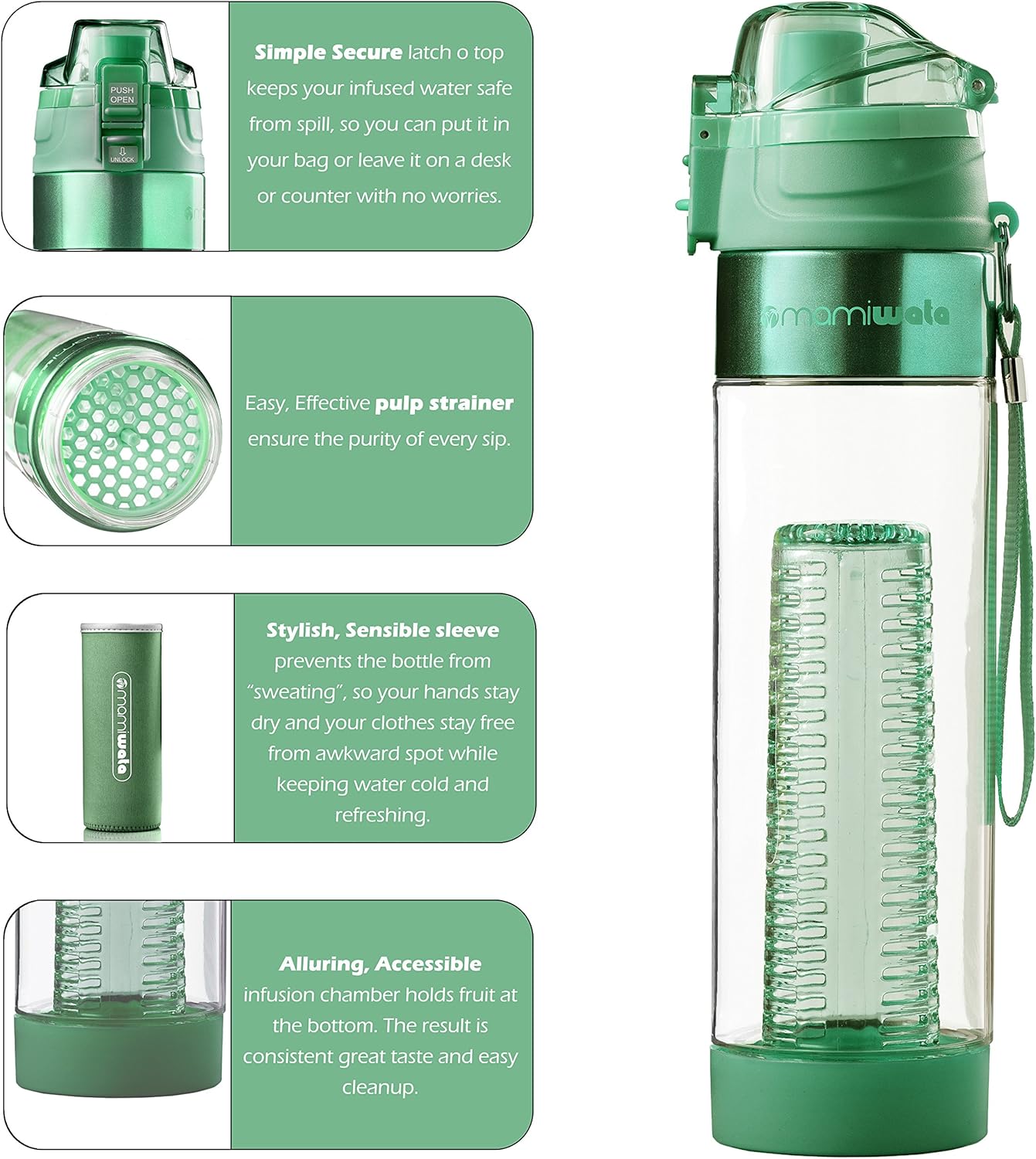 MAMI WATA Fruit Infuser Water Bottle – 24 oz – Tritan Plastic - Unique Stylish Design – Fruit Infused Water recipes eBook & Insulating sleeve – Beautiful Gift Box