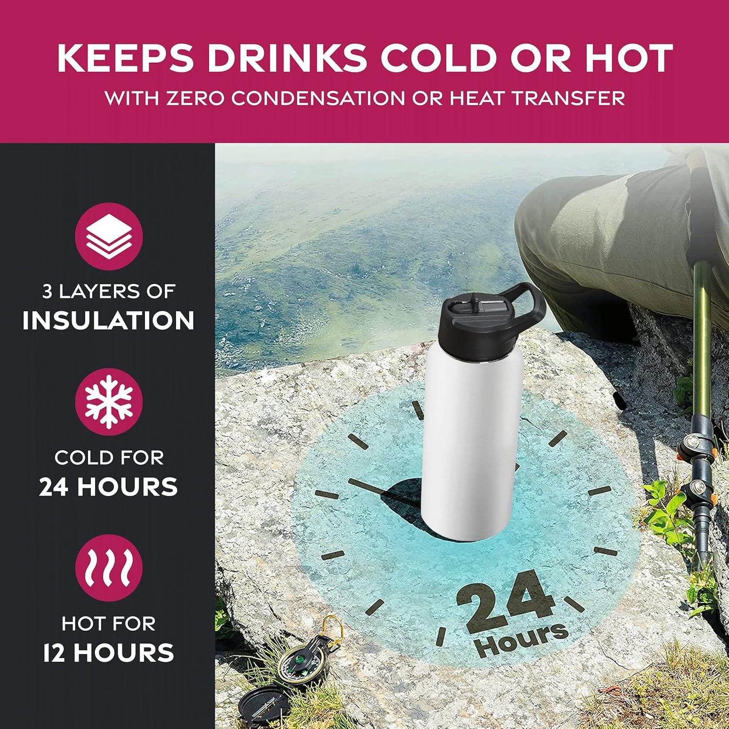 FineDine Water Bottle - Stainless Steel Insulated Water Bottle with Straw Lid, Flip Lid & Wide-Mouth Cap - Keeps Hot and Cold - 25 Oz / 739ml - Dreamy Purple