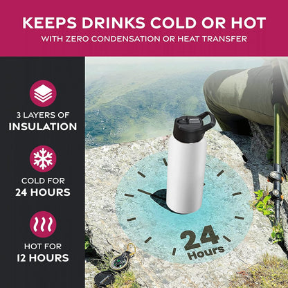 FineDine Water Bottle - Stainless Steel Insulated Water Bottle with Straw Lid, Flip Lid & Wide-Mouth Cap - Keeps Hot and Cold - 25 Oz / 739ml - Dreamy Purple
