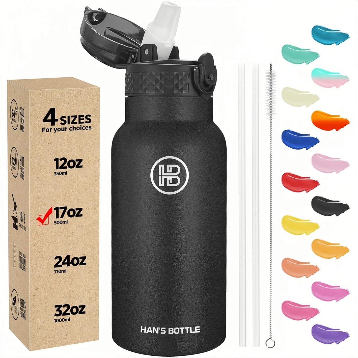 Han's Bottle Sports Water Bottle - 24 Oz, Straw Lid, Leak Proof, Vacuum Insulated Stainless Steel, Double Walled, Thermo Mug,Black