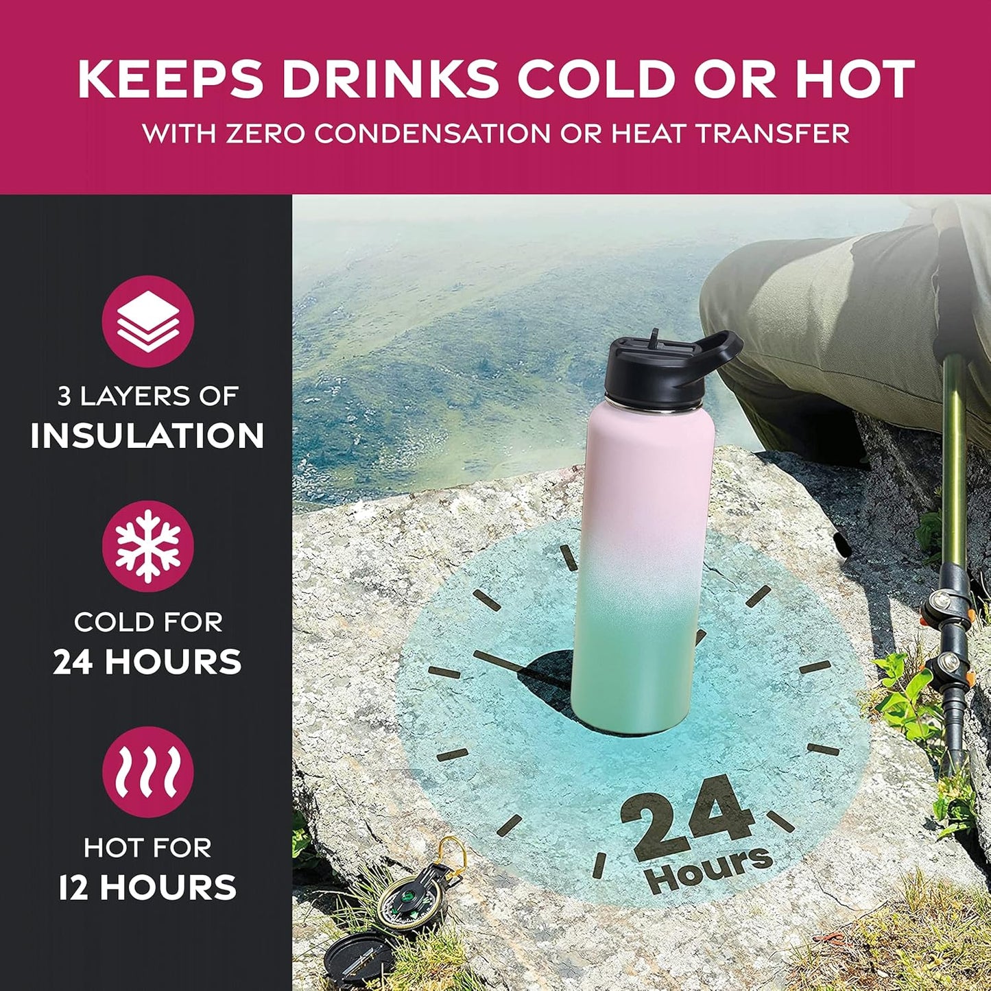 FineDine Water Bottle - Stainless Steel Insulated Water Bottle with Straw Lid, Flip Lid & Wide-Mouth Cap - Keeps Hot and Cold - 25 Oz / 739ml - Dreamy Purple