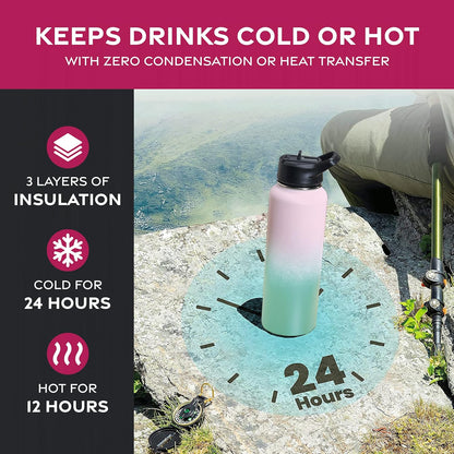 FineDine Water Bottle - Stainless Steel Insulated Water Bottle with Straw Lid, Flip Lid & Wide-Mouth Cap - Keeps Hot and Cold - 25 Oz / 739ml - Dreamy Purple